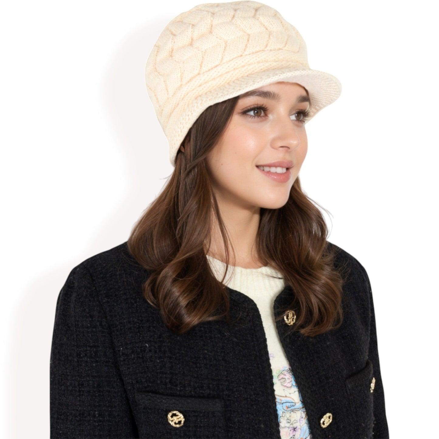 Knitted Newsboy Cap with Braided Cable Pattern and Stylish Brim Design