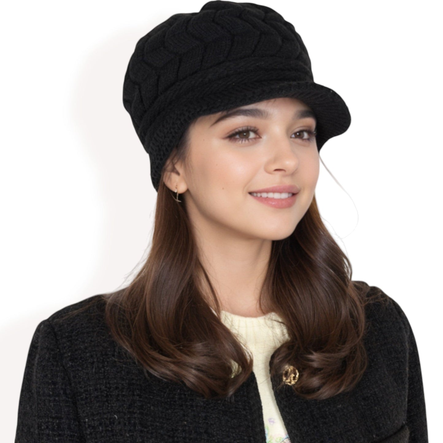 Knitted Newsboy Cap with Braided Cable Pattern and Stylish Brim Design