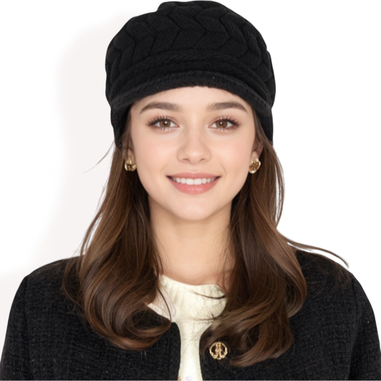 Knitted Newsboy Cap with Braided Cable Pattern and Stylish Brim Design