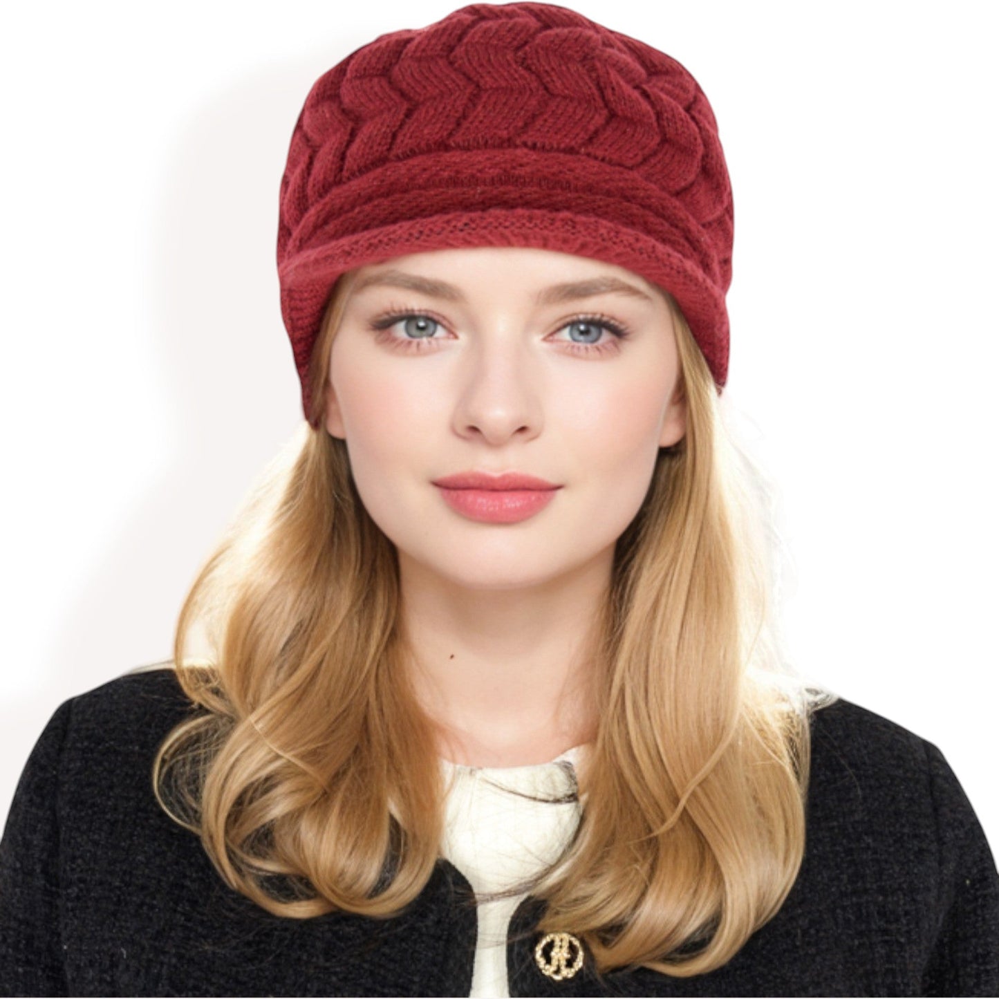 Knitted Newsboy Cap with Braided Cable Pattern and Stylish Brim Design