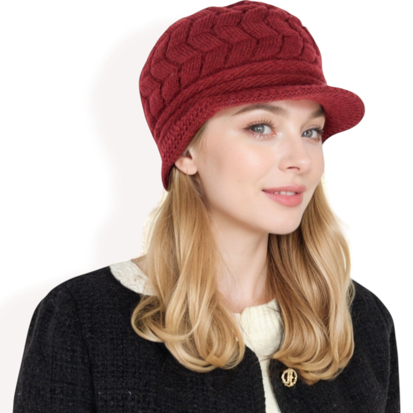 Knitted Newsboy Cap with Braided Cable Pattern and Stylish Brim Design
