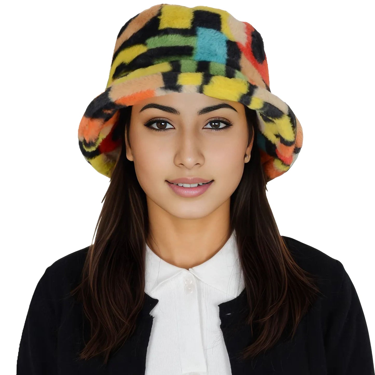 Comfy Faux Fur Fuzzy Bucket Hat Colorful Winter Warm Hat Plush Fisherman Cap for Women