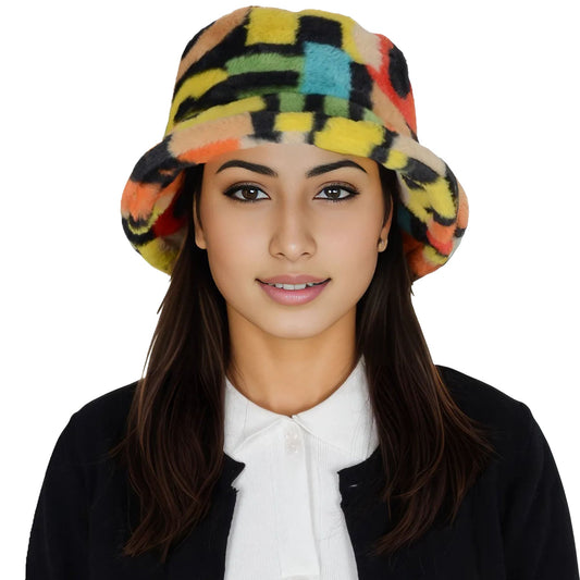 Comfy Faux Fur Fuzzy Bucket Hat Colorful Winter Warm Hat Plush Fisherman Cap for Women