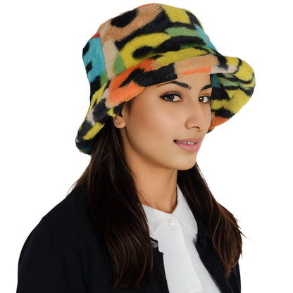 Comfy Faux Fur Fuzzy Bucket Hat Colorful Winter Warm Hat Plush Fisherman Cap for Women