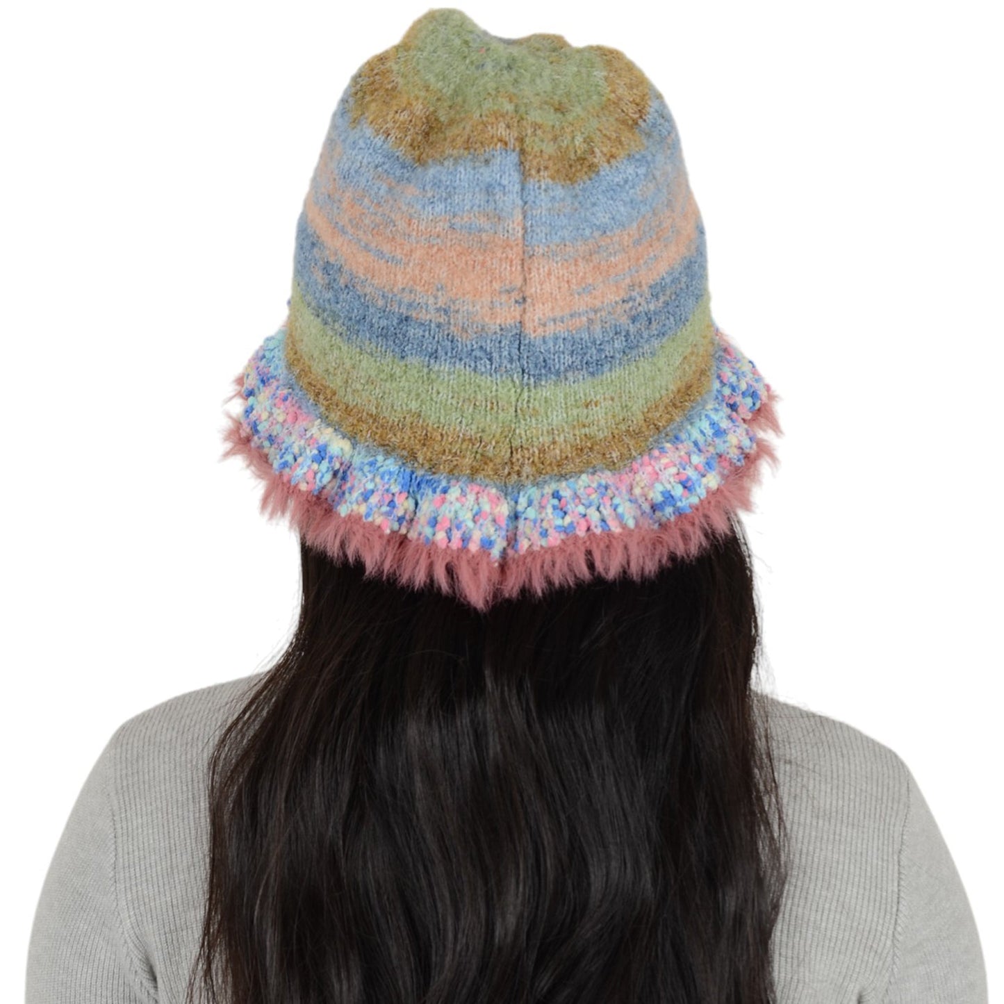 Colorful Striped Knit Bucket Hat Fluffy Trendy Winter Lightweight Foldable Crochet Fisherman Hat for Women