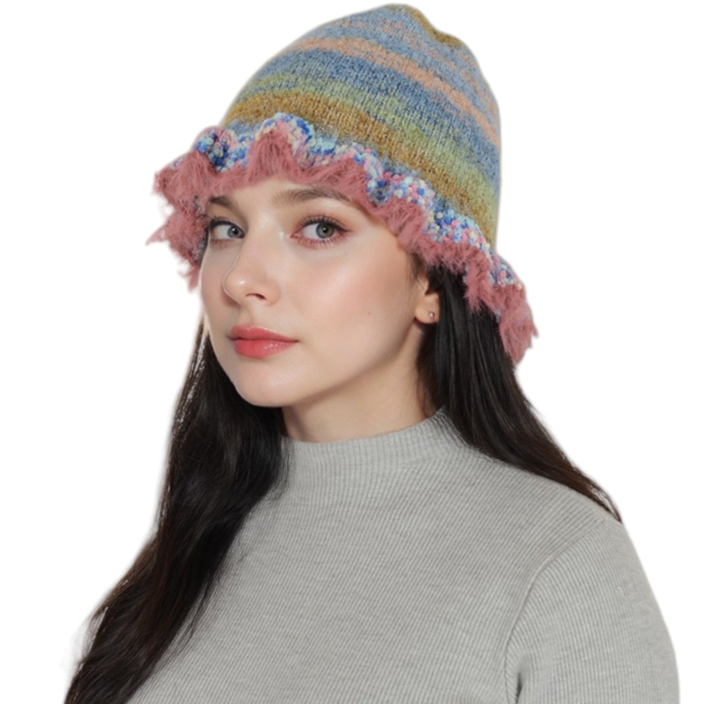 Colorful Striped Knit Bucket Hat Fluffy Trendy Winter Lightweight Foldable Crochet Fisherman Hat for Women
