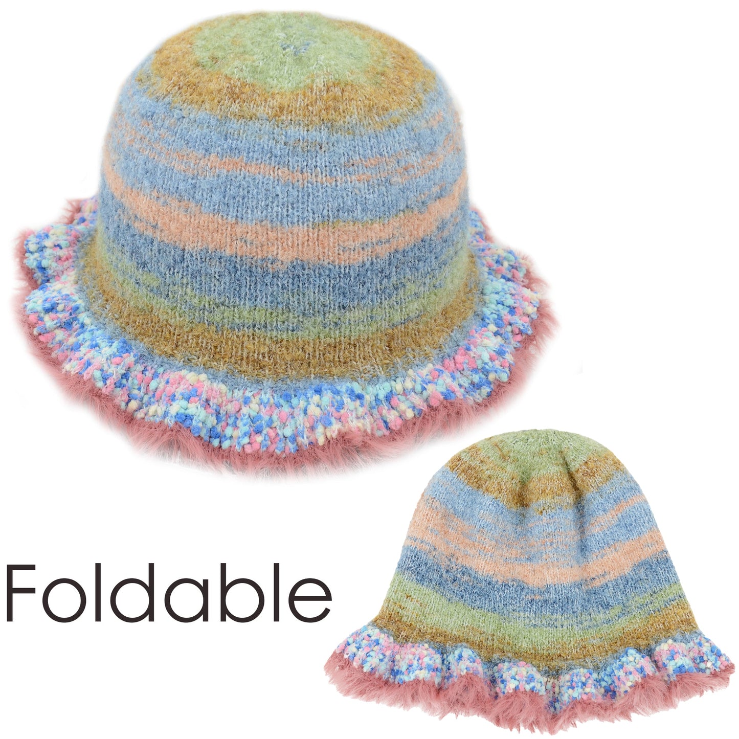 Colorful Striped Knit Bucket Hat Fluffy Trendy Winter Lightweight Foldable Crochet Fisherman Hat for Women