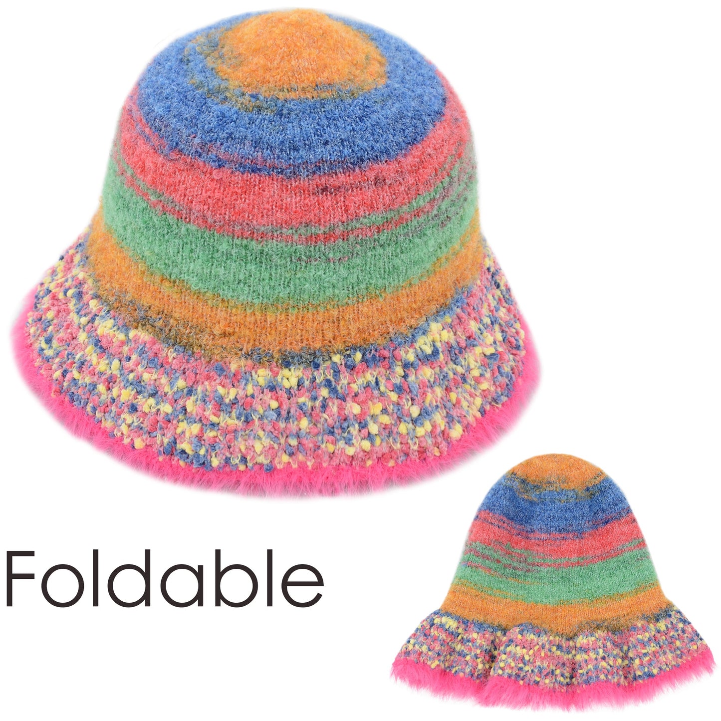 Colorful Striped Knit Bucket Hat Fluffy Trendy Winter Lightweight Foldable Crochet Fisherman Hat for Women