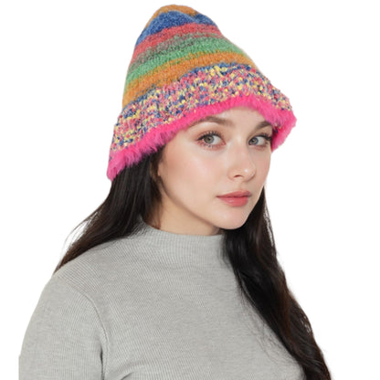 Colorful Striped Knit Bucket Hat Fluffy Trendy Winter Lightweight Foldable Crochet Fisherman Hat for Women
