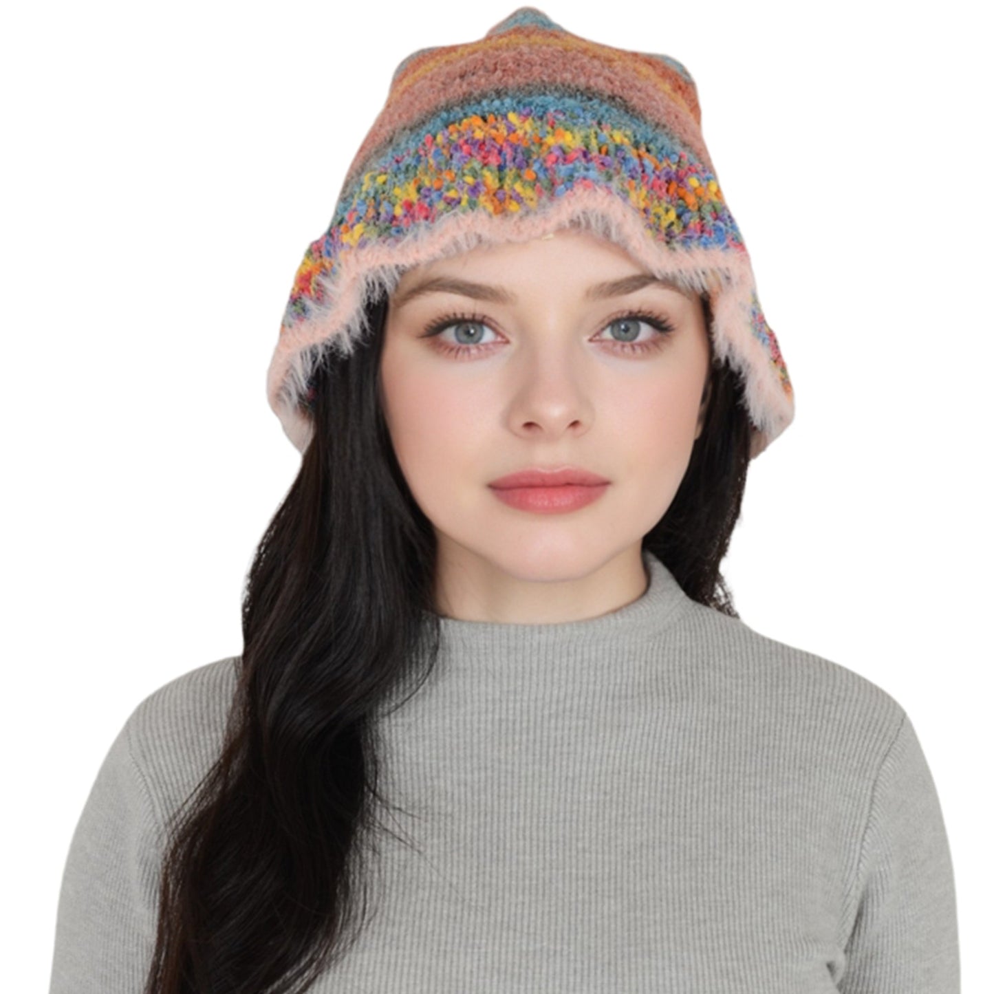 Colorful Striped Knit Bucket Hat Fluffy Trendy Winter Lightweight Foldable Crochet Fisherman Hat for Women