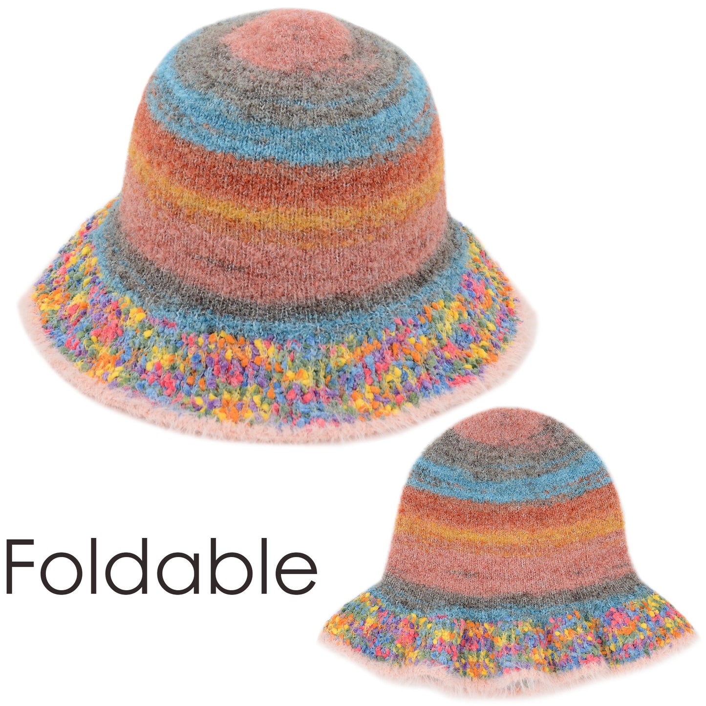 Colorful Striped Knit Bucket Hat Fluffy Trendy Winter Lightweight Foldable Crochet Fisherman Hat for Women
