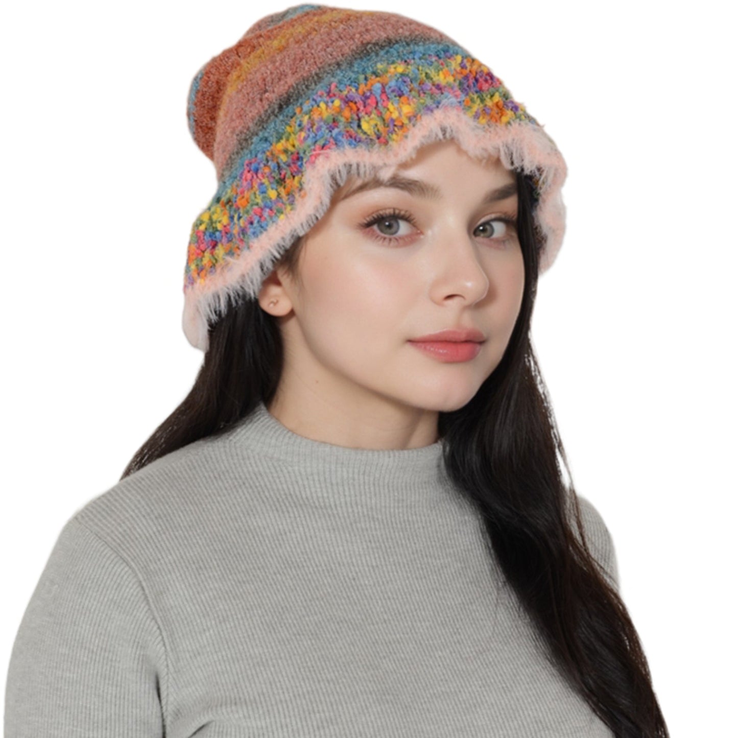 Colorful Striped Knit Bucket Hat Fluffy Trendy Winter Lightweight Foldable Crochet Fisherman Hat for Women