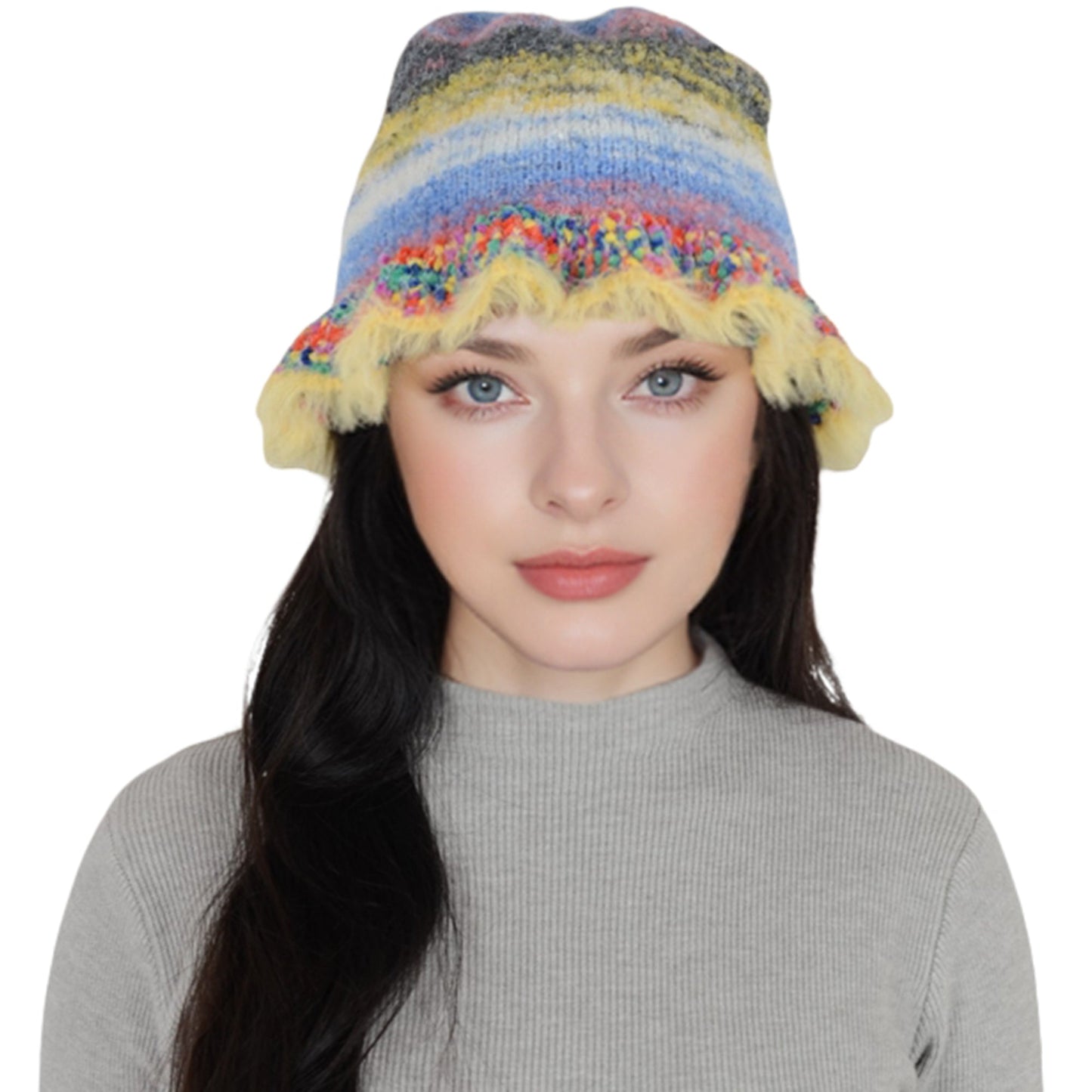 Colorful Striped Knit Bucket Hat Fluffy Trendy Winter Lightweight Foldable Crochet Fisherman Hat for Women