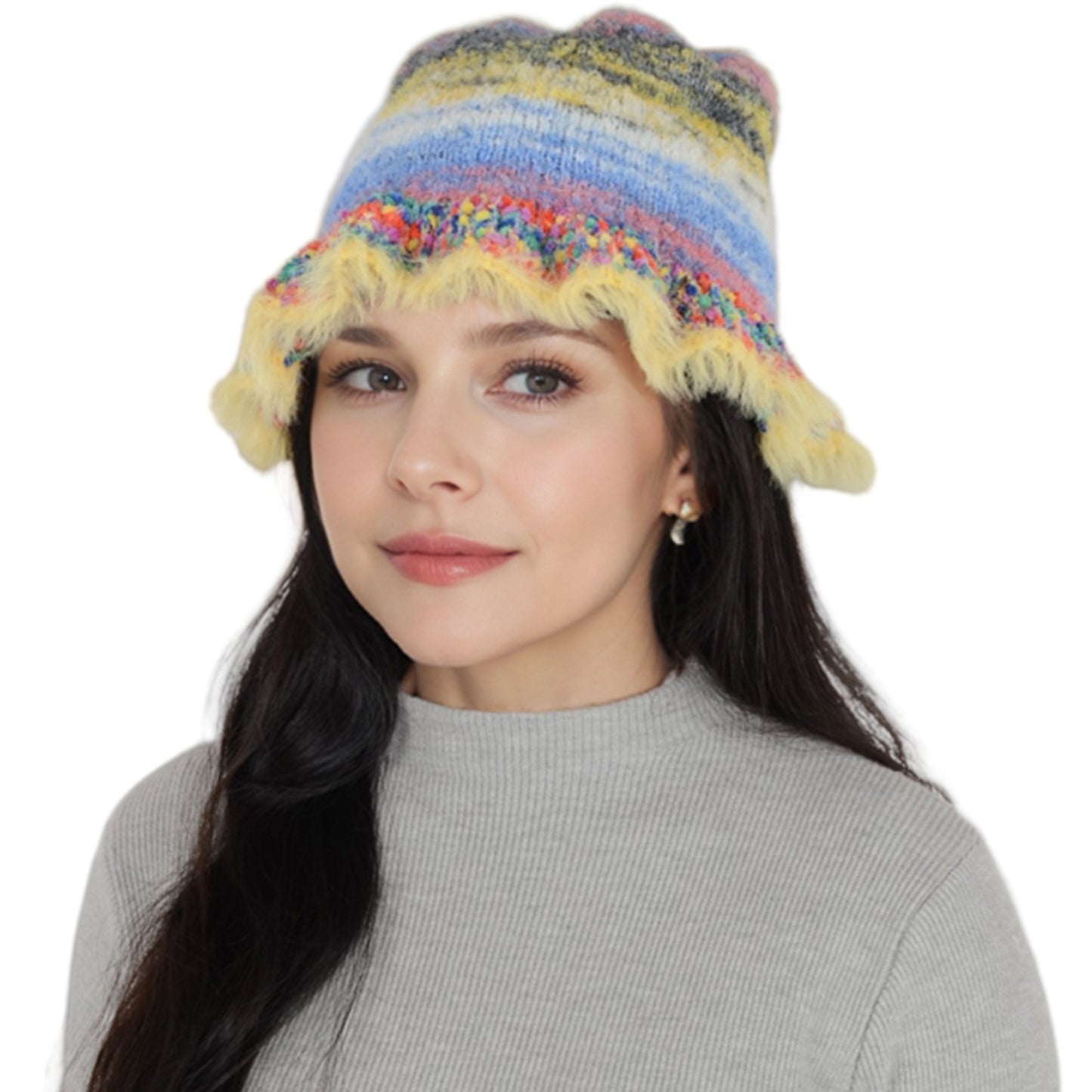 Colorful Striped Knit Bucket Hat Fluffy Trendy Winter Lightweight Foldable Crochet Fisherman Hat for Women