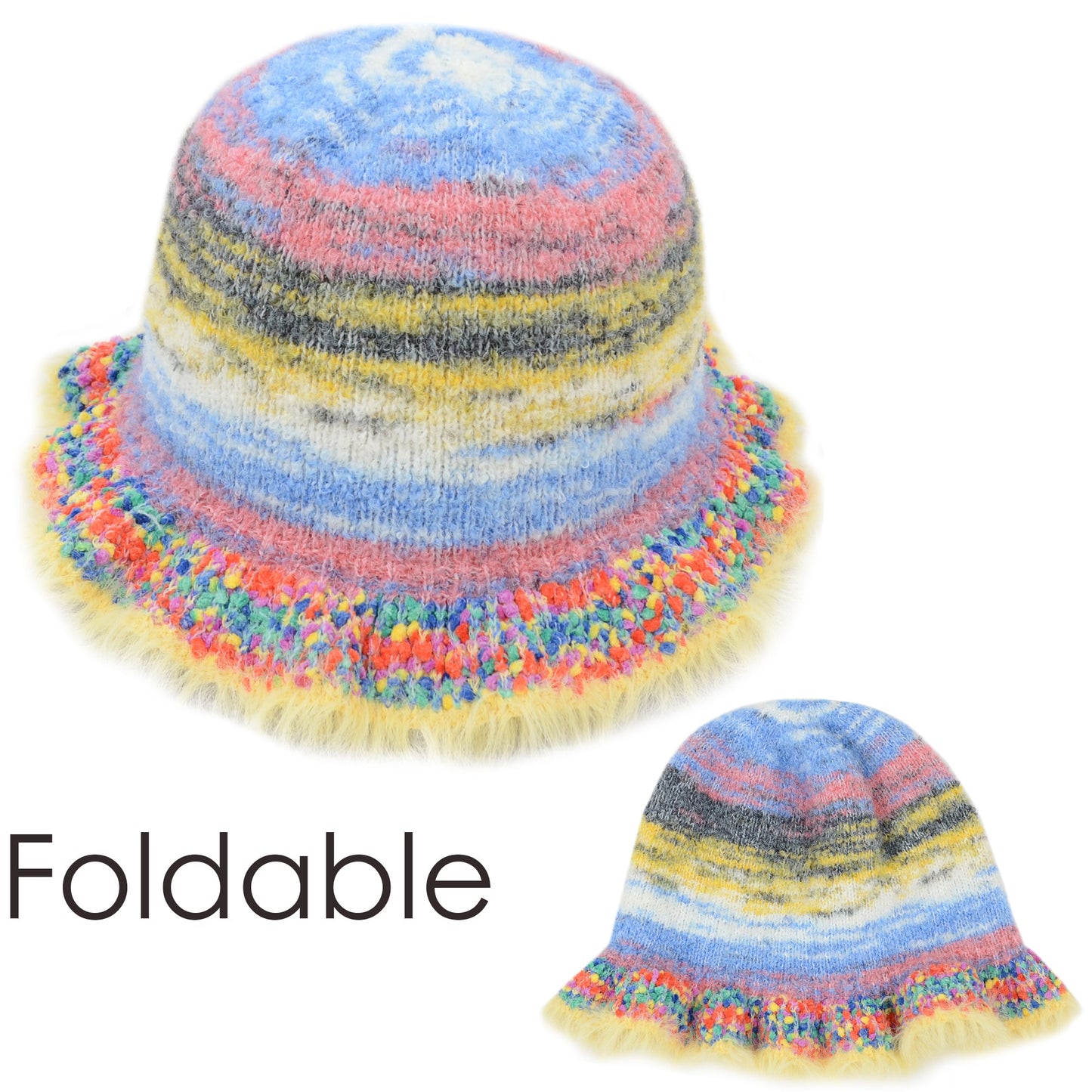 Colorful Striped Knit Bucket Hat Fluffy Trendy Winter Lightweight Foldable Crochet Fisherman Hat for Women