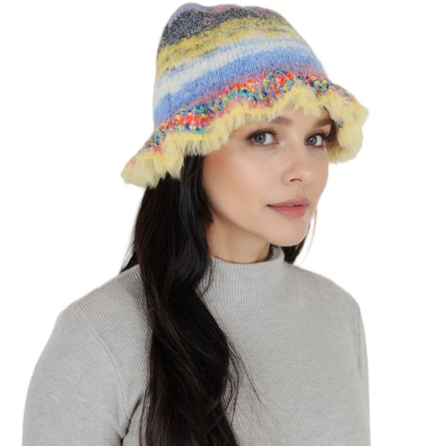 Colorful Striped Knit Bucket Hat Fluffy Trendy Winter Lightweight Foldable Crochet Fisherman Hat for Women