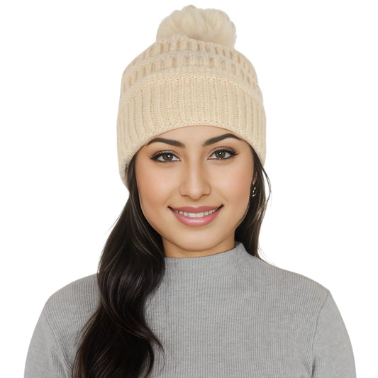 Winter Chunky Knit Slouchy Beanie with Faux Fur Pompom Warm Fleece Solid Color Chunky Baggy Hat for Women