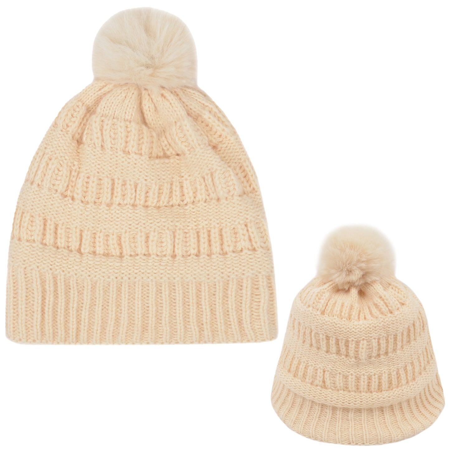 Winter Chunky Knit Slouchy Beanie with Faux Fur Pompom Warm Fleece Solid Color Chunky Baggy Hat for Women