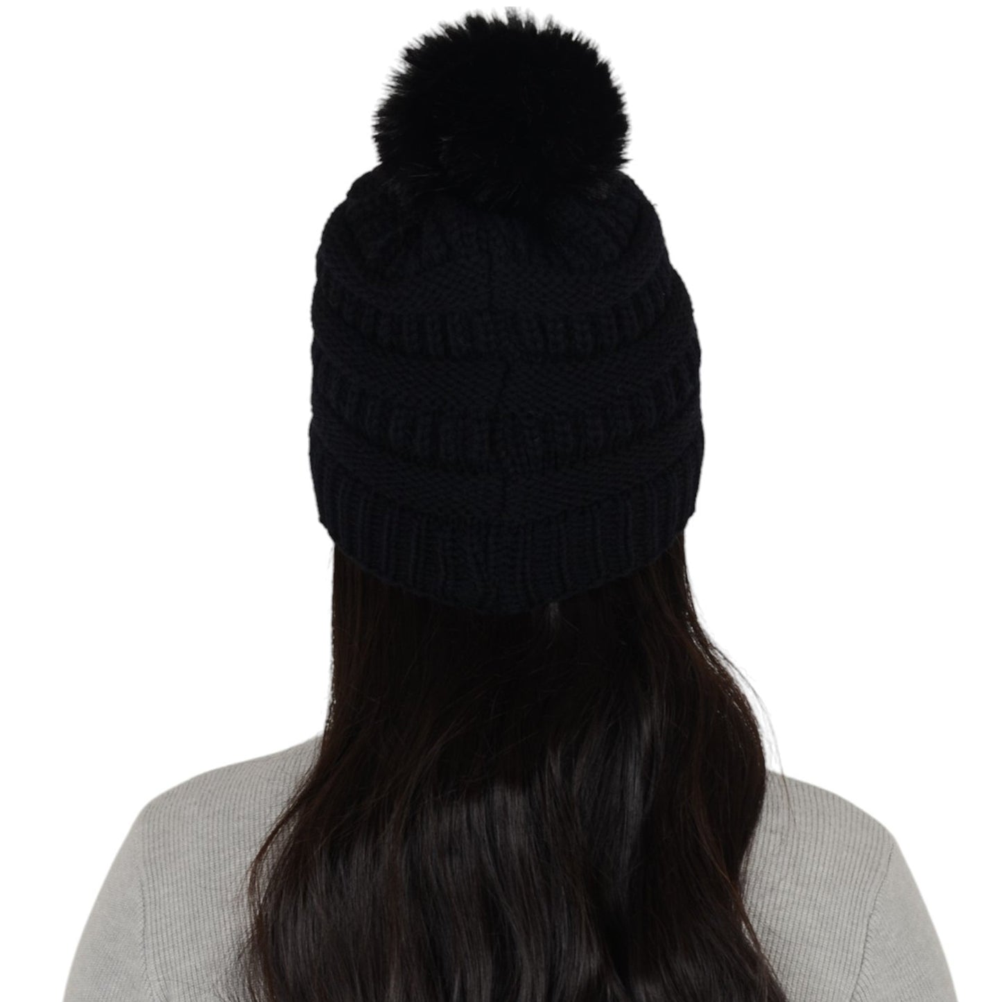 Winter Chunky Knit Slouchy Beanie with Faux Fur Pompom Warm Fleece Solid Color Chunky Baggy Hat for Women