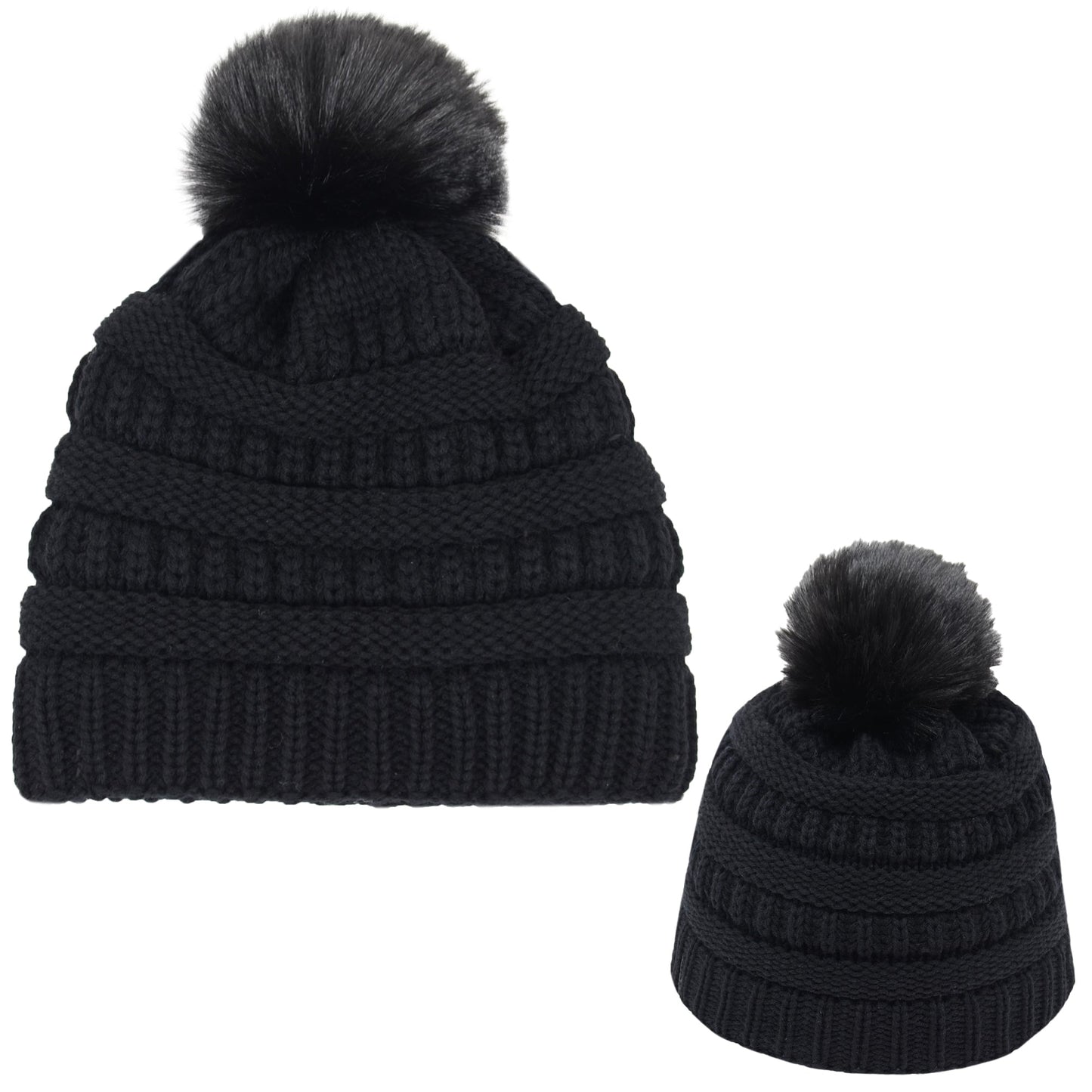 Winter Chunky Knit Slouchy Beanie with Faux Fur Pompom Warm Fleece Solid Color Chunky Baggy Hat for Women