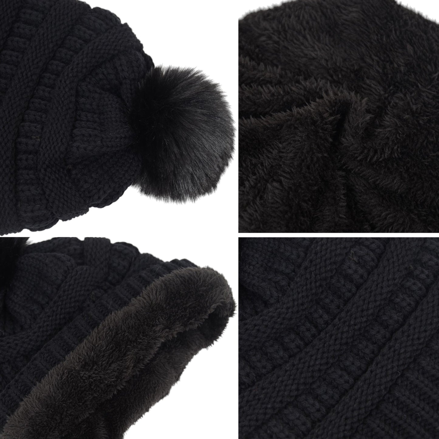 Winter Chunky Knit Slouchy Beanie with Faux Fur Pompom Warm Fleece Solid Color Chunky Baggy Hat for Women