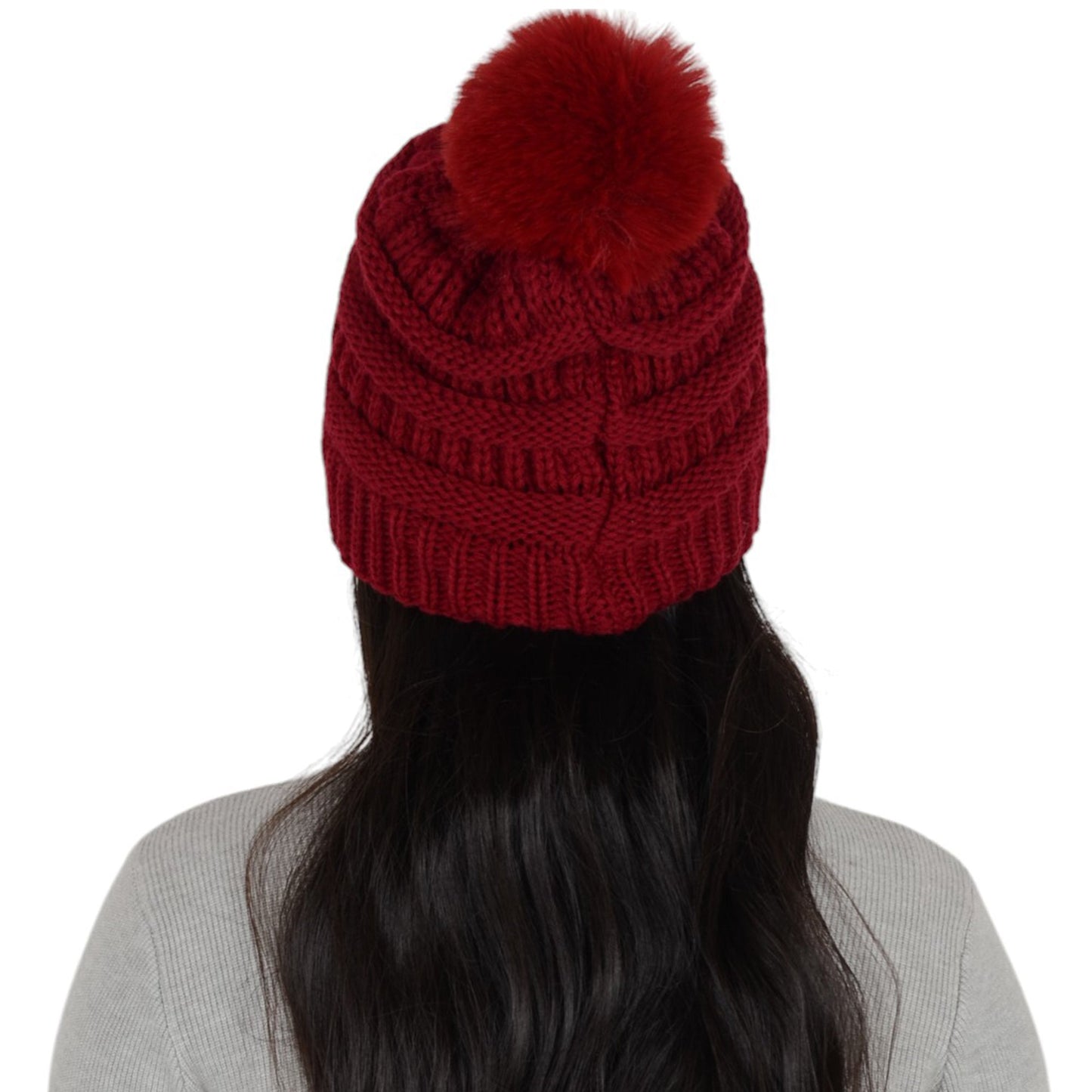 Winter Chunky Knit Slouchy Beanie with Faux Fur Pompom Warm Fleece Solid Color Chunky Baggy Hat for Women