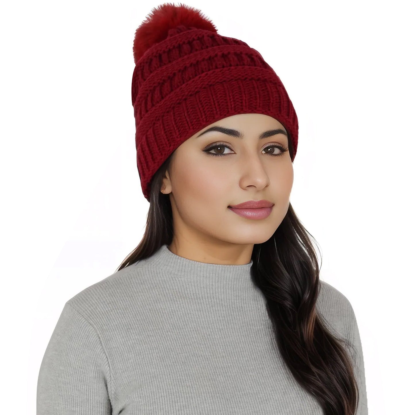 Winter Chunky Knit Slouchy Beanie with Faux Fur Pompom Warm Fleece Solid Color Chunky Baggy Hat for Women