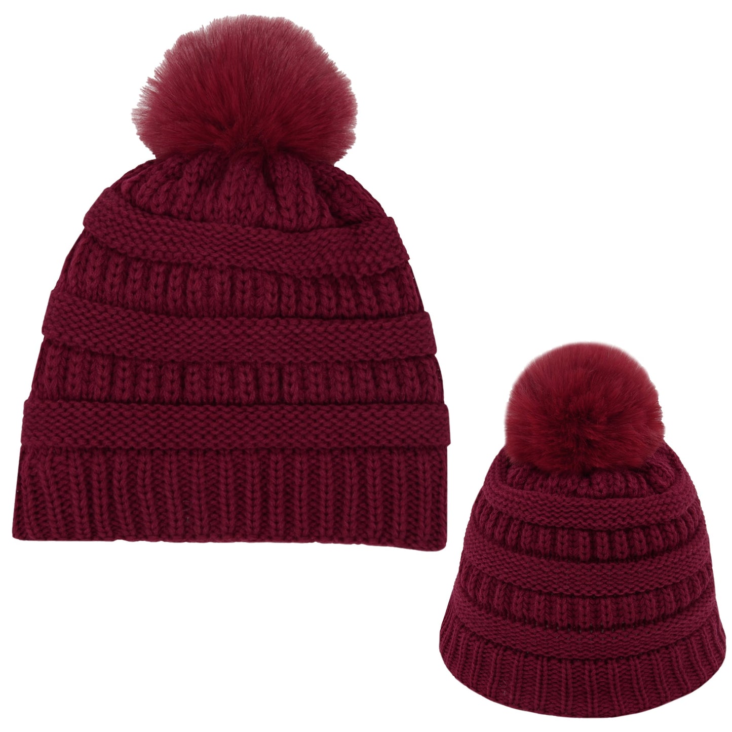 Winter Chunky Knit Slouchy Beanie with Faux Fur Pompom Warm Fleece Solid Color Chunky Baggy Hat for Women