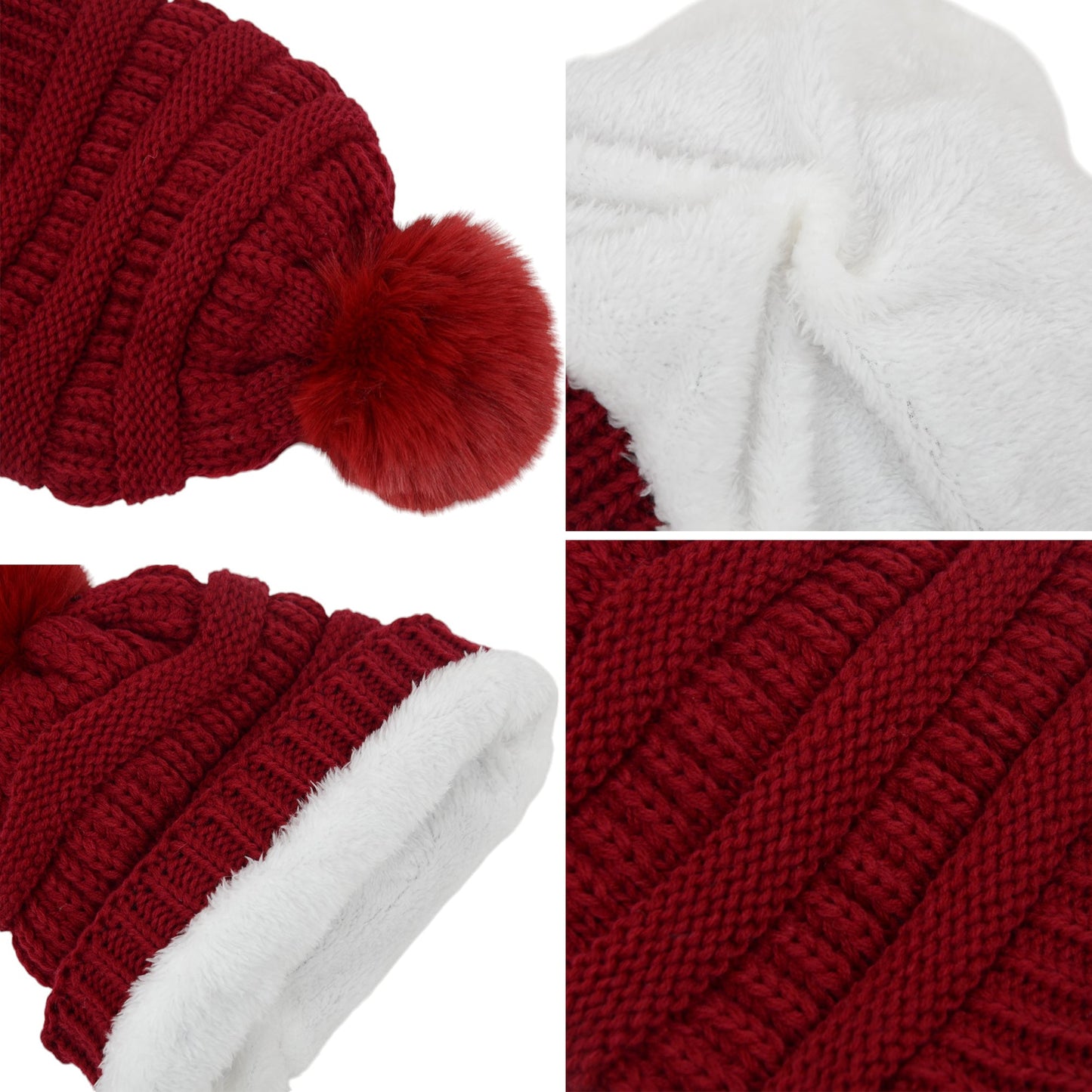 Winter Chunky Knit Slouchy Beanie with Faux Fur Pompom Warm Fleece Solid Color Chunky Baggy Hat for Women