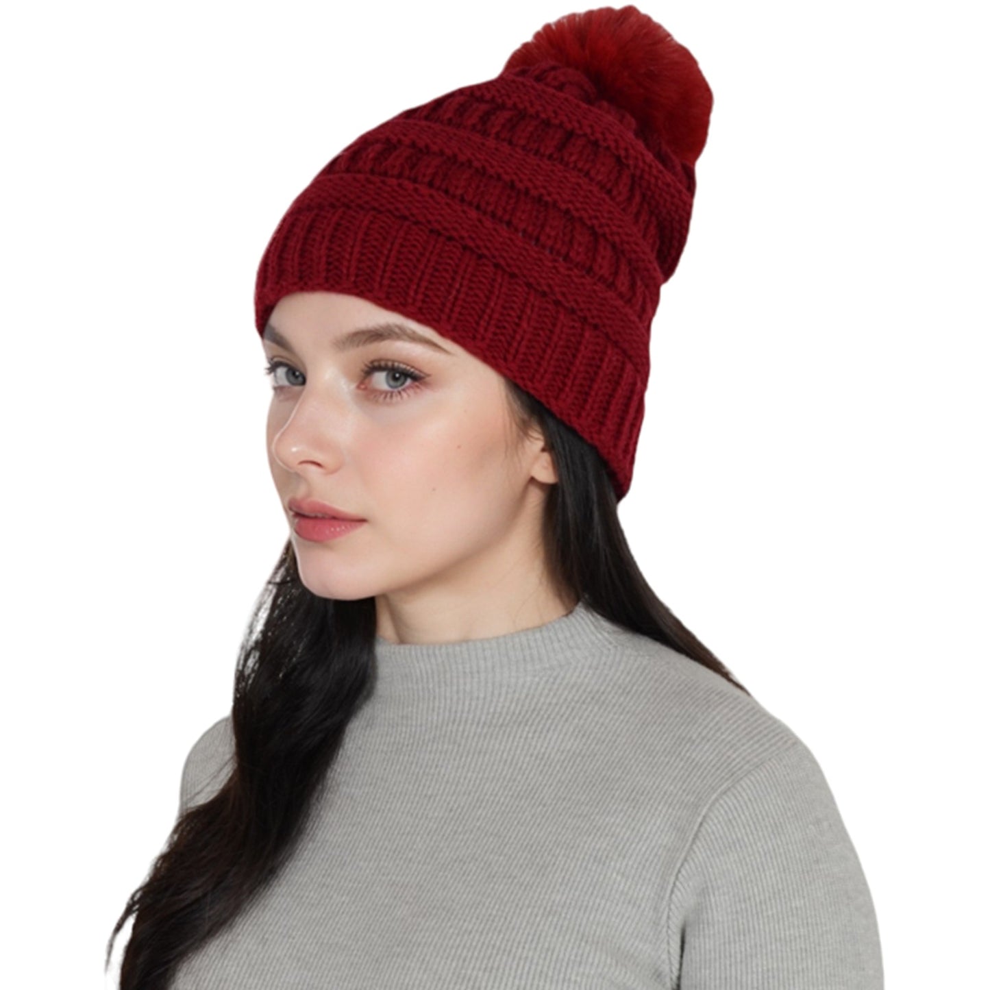 Winter Chunky Knit Slouchy Beanie with Faux Fur Pompom Warm Fleece Solid Color Chunky Baggy Hat for Women