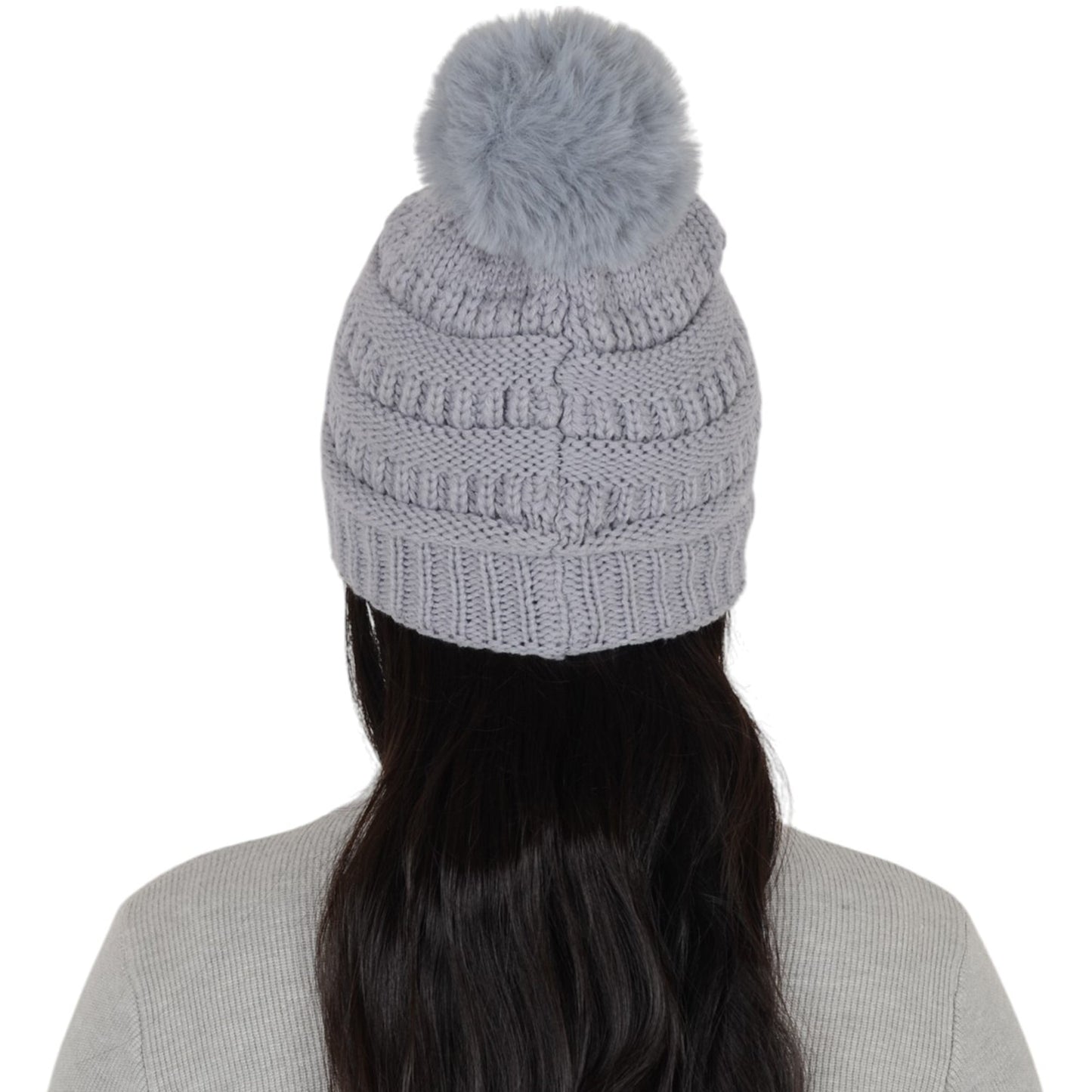 Winter Chunky Knit Slouchy Beanie with Faux Fur Pompom Warm Fleece Solid Color Chunky Baggy Hat for Women