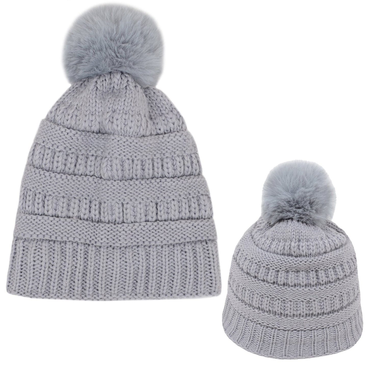 Winter Chunky Knit Slouchy Beanie with Faux Fur Pompom Warm Fleece Solid Color Chunky Baggy Hat for Women