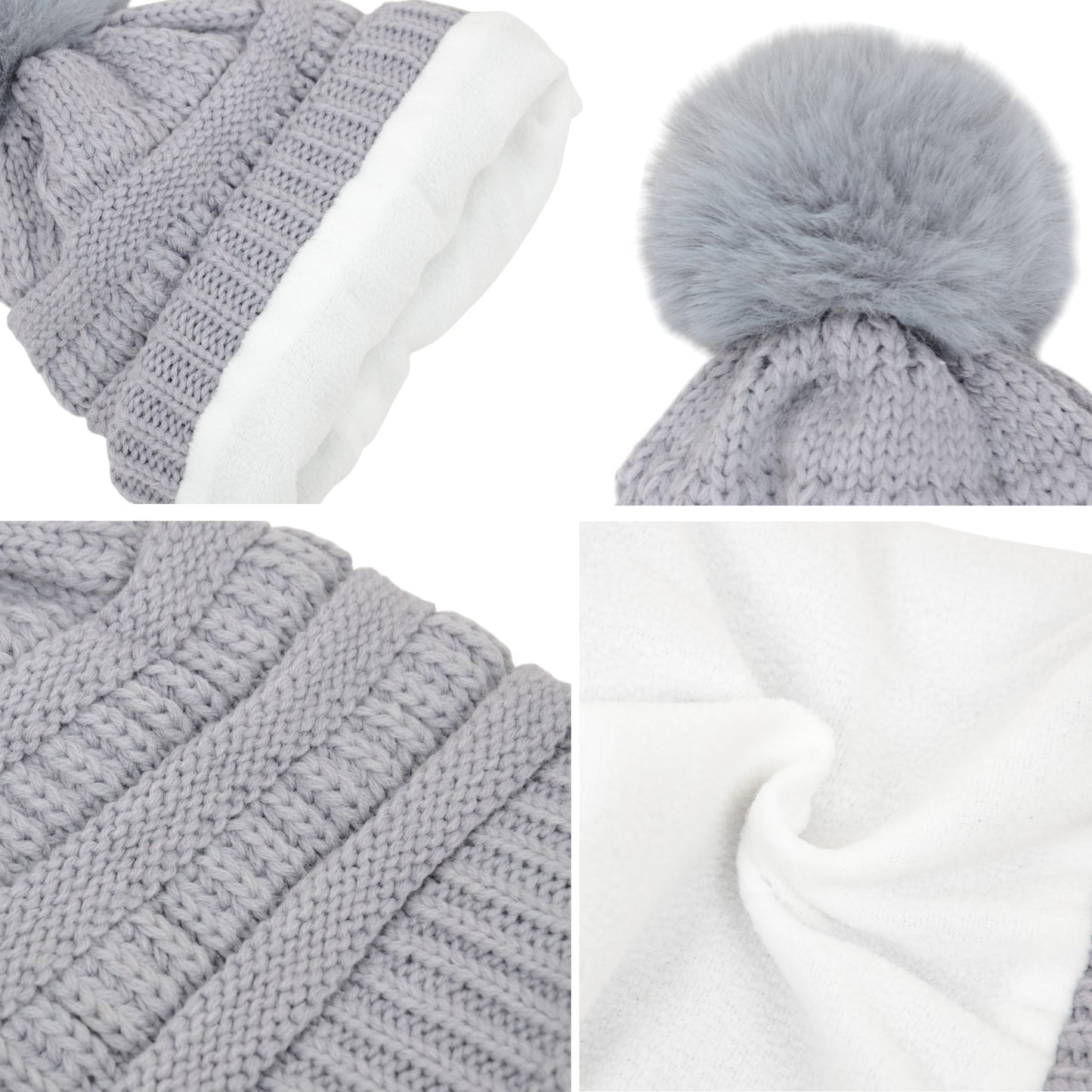 Winter Chunky Knit Slouchy Beanie with Faux Fur Pompom Warm Fleece Solid Color Chunky Baggy Hat for Women