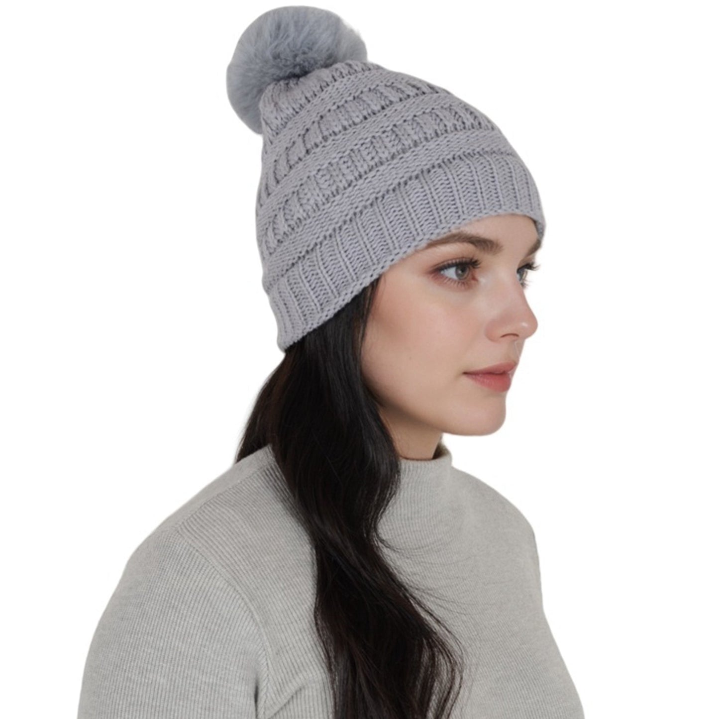 Winter Chunky Knit Slouchy Beanie with Faux Fur Pompom Warm Fleece Solid Color Chunky Baggy Hat for Women