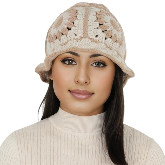 Crochet Bucket Hat Retro Sunburst Pattern Knit Handmade Foldable Floppy Beach Hat