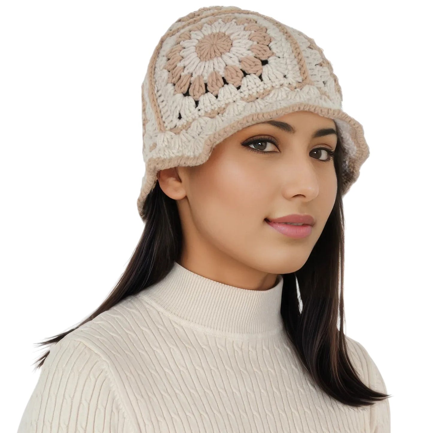 Crochet Bucket Hat Retro Sunburst Pattern Knit Handmade Foldable Floppy Beach Hat