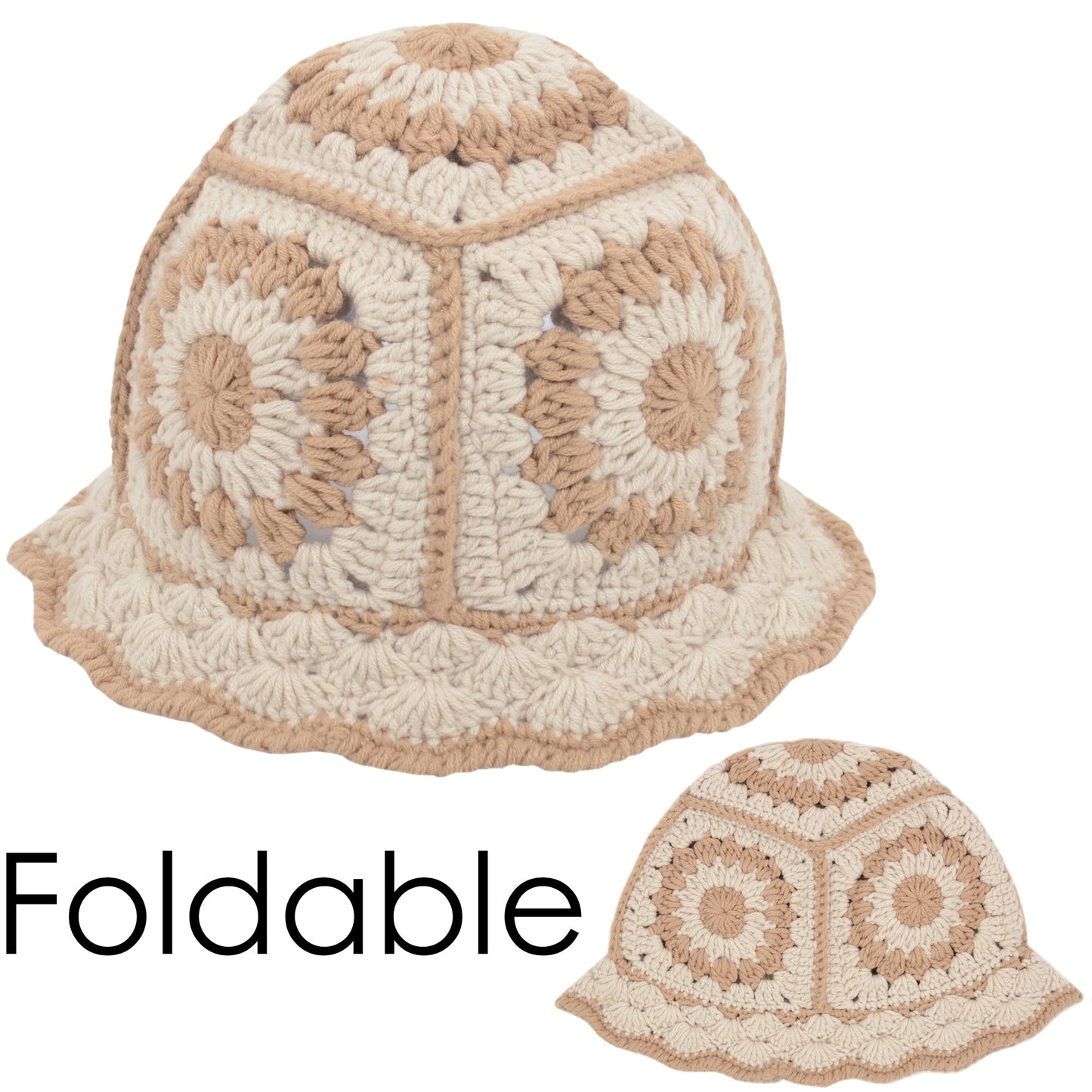 Crochet Bucket Hat Retro Sunburst Pattern Knit Handmade Foldable Floppy Beach Hat