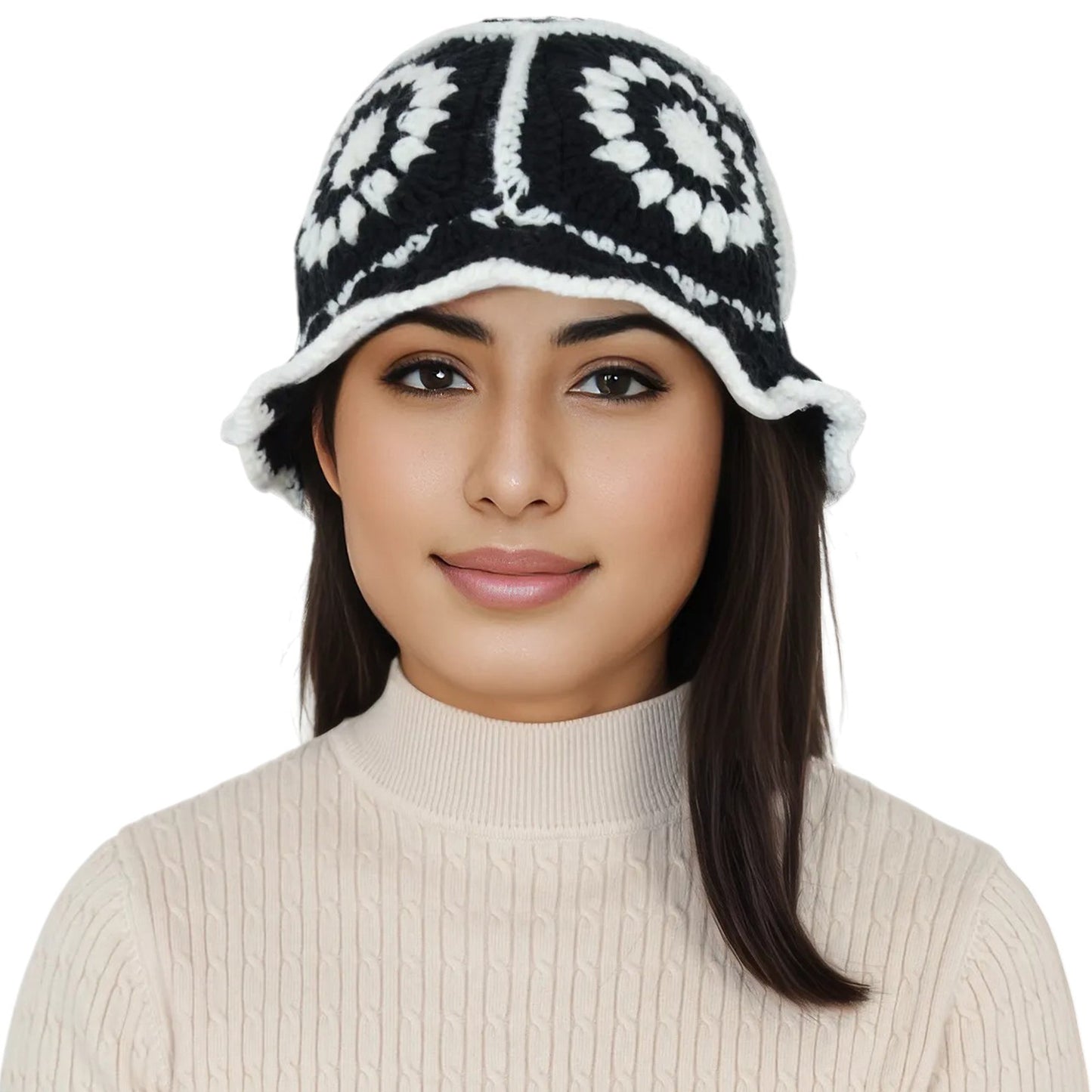 Crochet Bucket Hat Retro Sunburst Pattern Knit Handmade Foldable Floppy Beach Hat