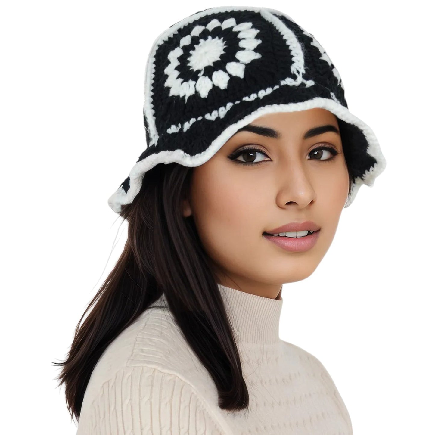 Crochet Bucket Hat Retro Sunburst Pattern Knit Handmade Foldable Floppy Beach Hat