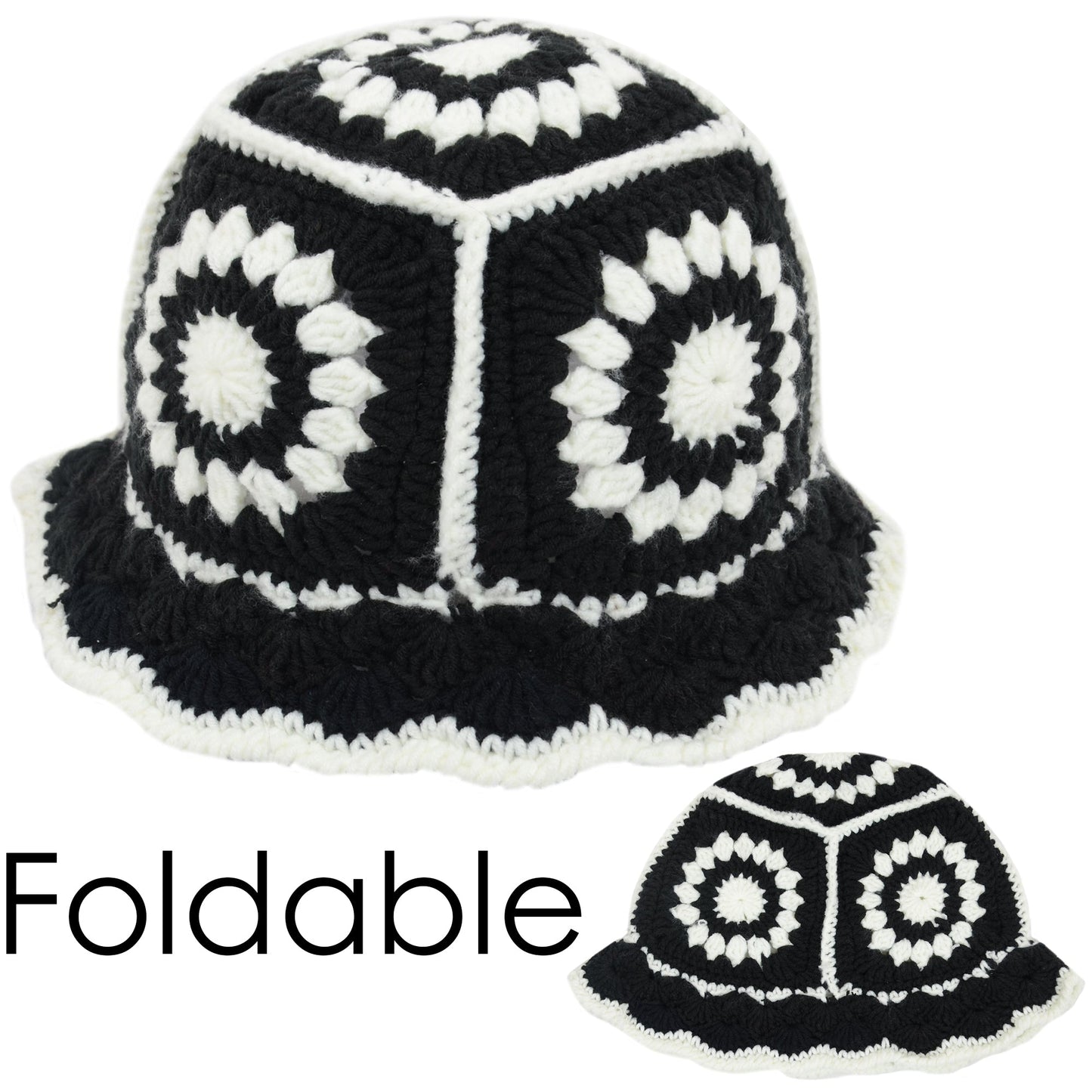 Crochet Bucket Hat Retro Sunburst Pattern Knit Handmade Foldable Floppy Beach Hat