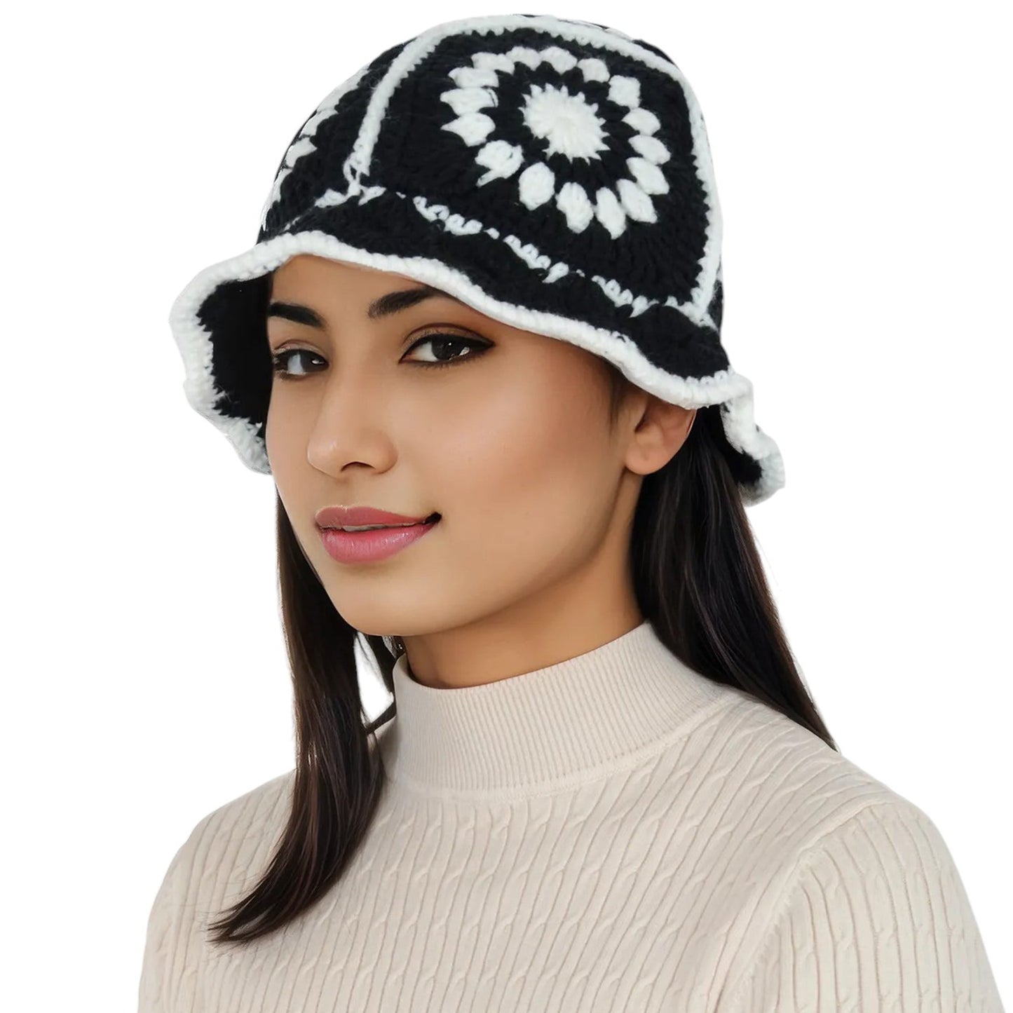 Crochet Bucket Hat Retro Sunburst Pattern Knit Handmade Foldable Floppy Beach Hat