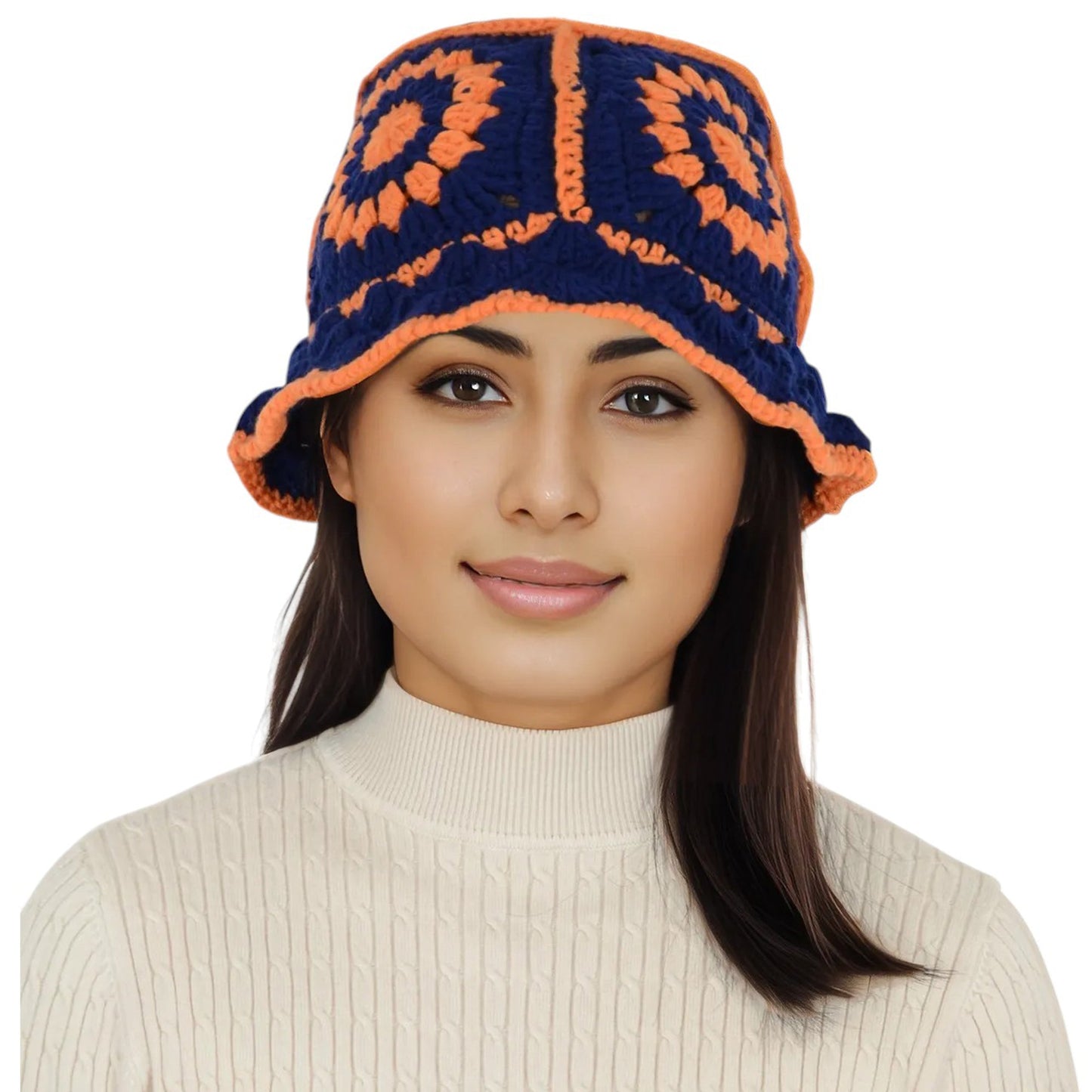 Crochet Bucket Hat Retro Sunburst Pattern Knit Handmade Foldable Floppy Beach Hat