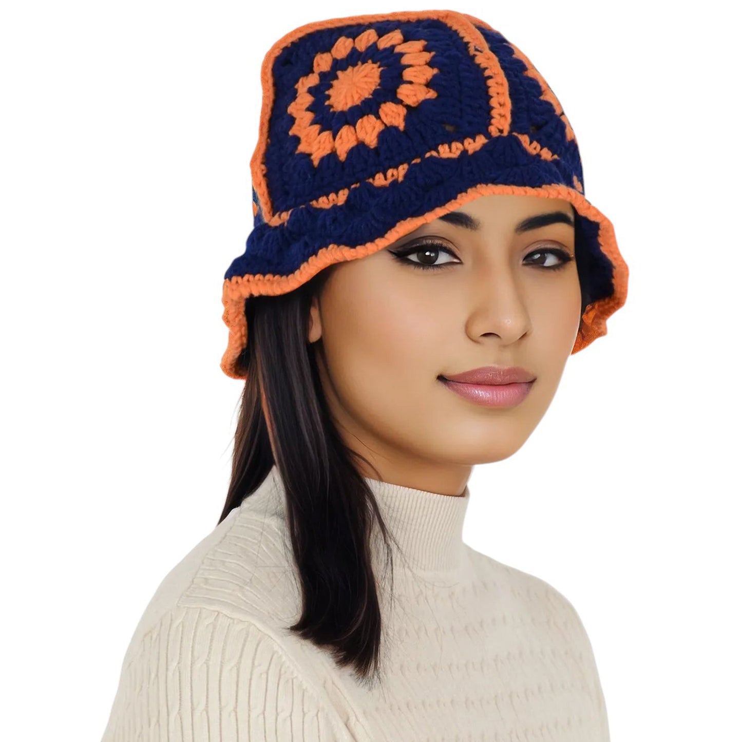 Crochet Bucket Hat Retro Sunburst Pattern Knit Handmade Foldable Floppy Beach Hat