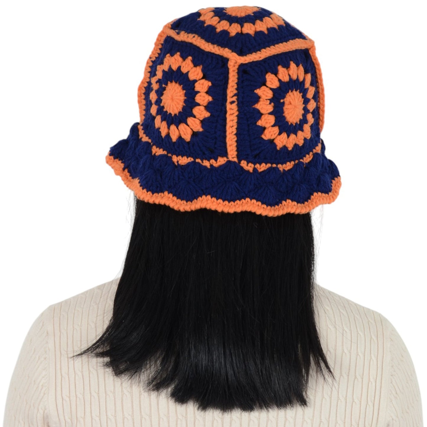 Crochet Bucket Hat Retro Sunburst Pattern Knit Handmade Foldable Floppy Beach Hat