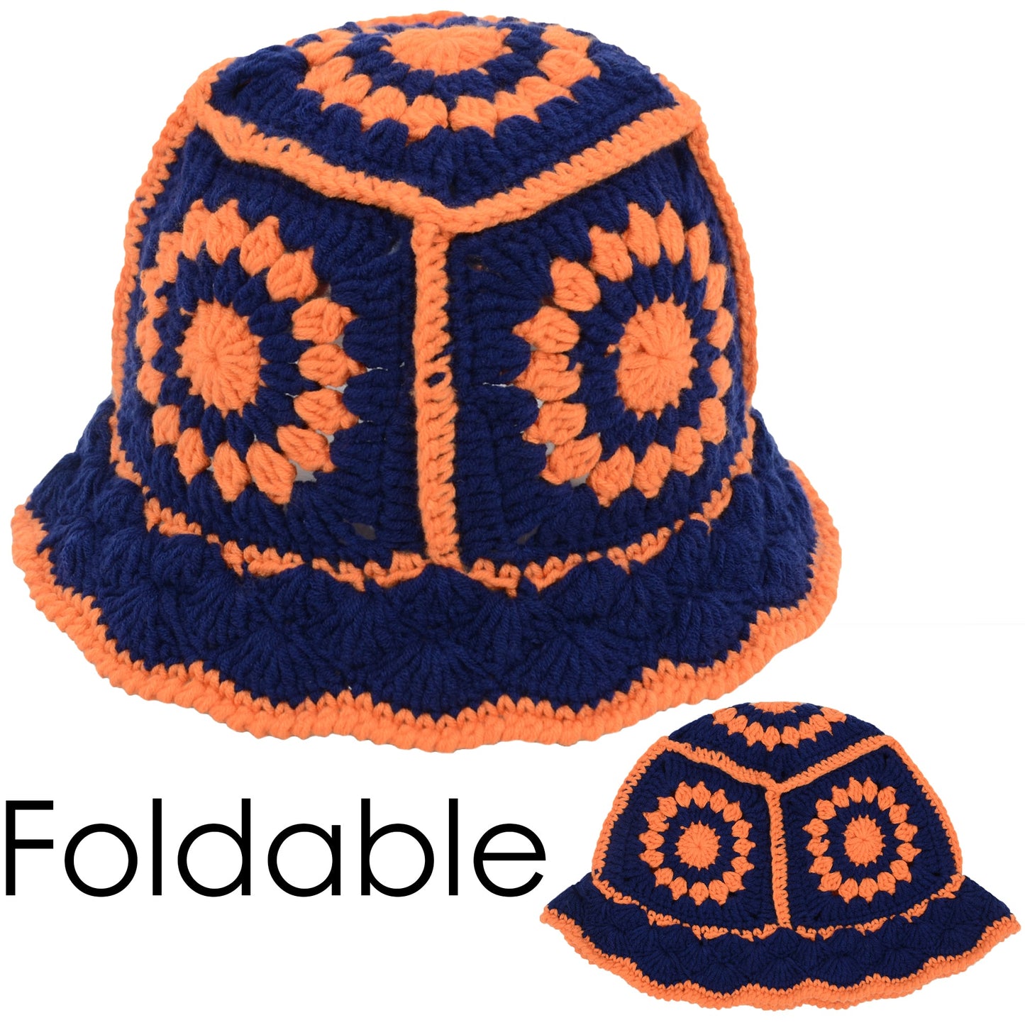 Crochet Bucket Hat Retro Sunburst Pattern Knit Handmade Foldable Floppy Beach Hat