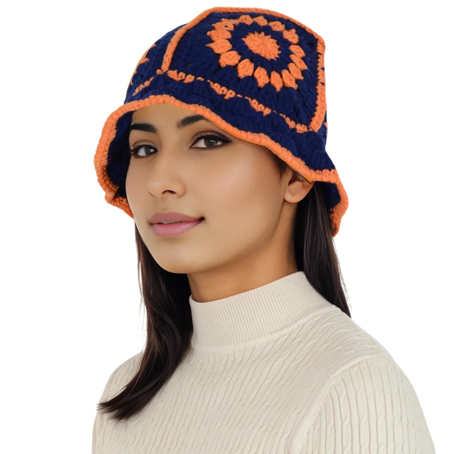 Crochet Bucket Hat Retro Sunburst Pattern Knit Handmade Foldable Floppy Beach Hat