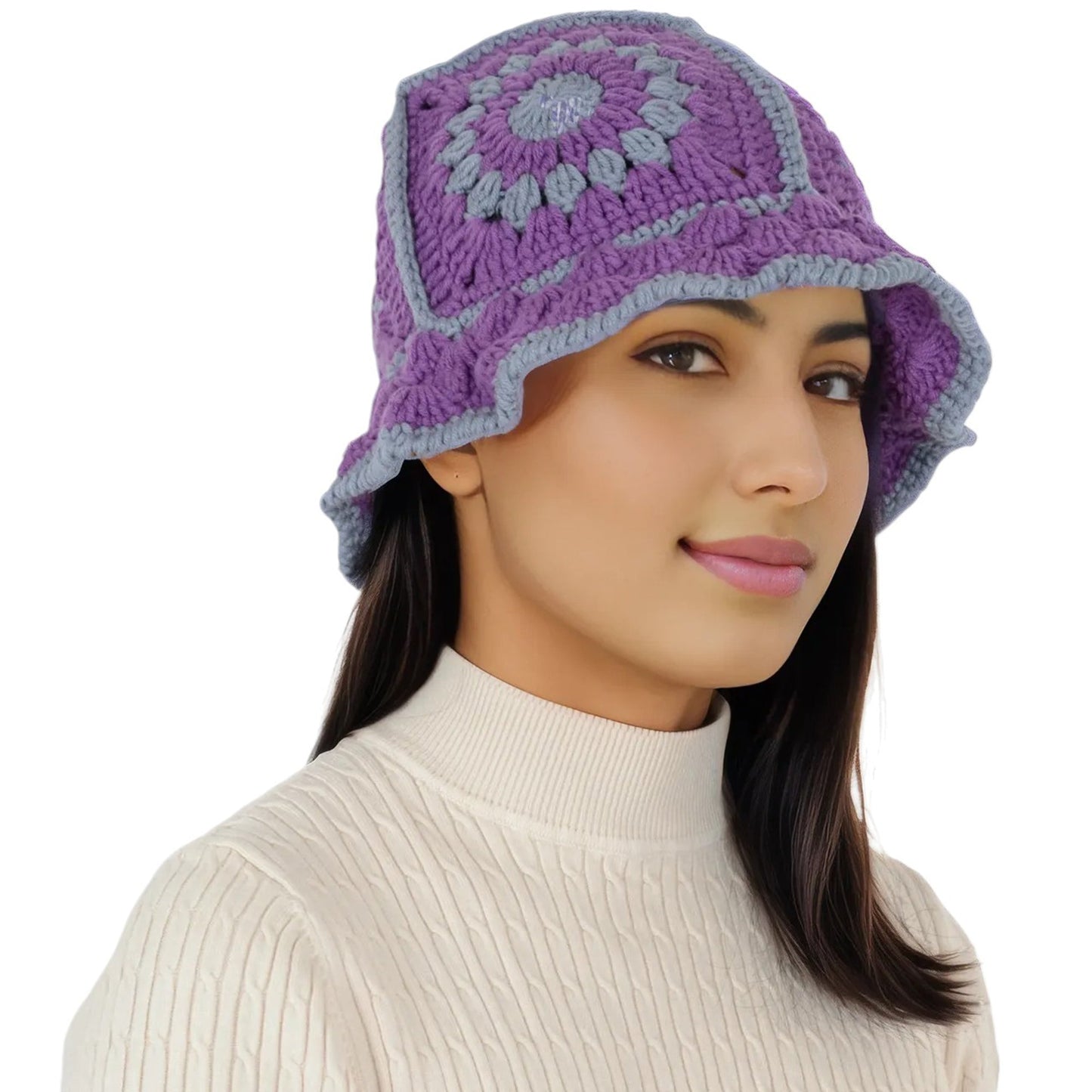 Crochet Bucket Hat Retro Sunburst Pattern Knit Handmade Foldable Floppy Beach Hat