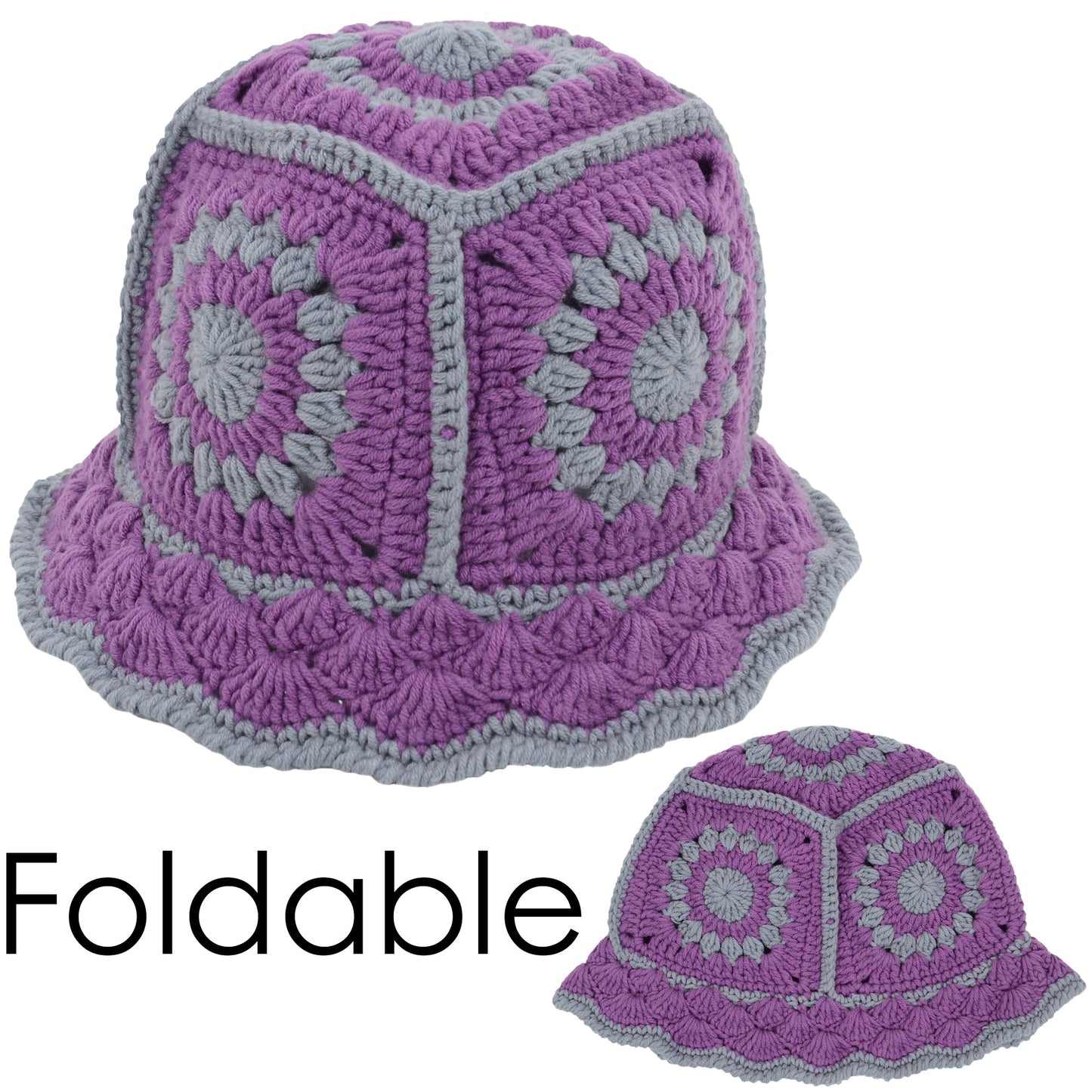 Crochet Bucket Hat Retro Sunburst Pattern Knit Handmade Foldable Floppy Beach Hat