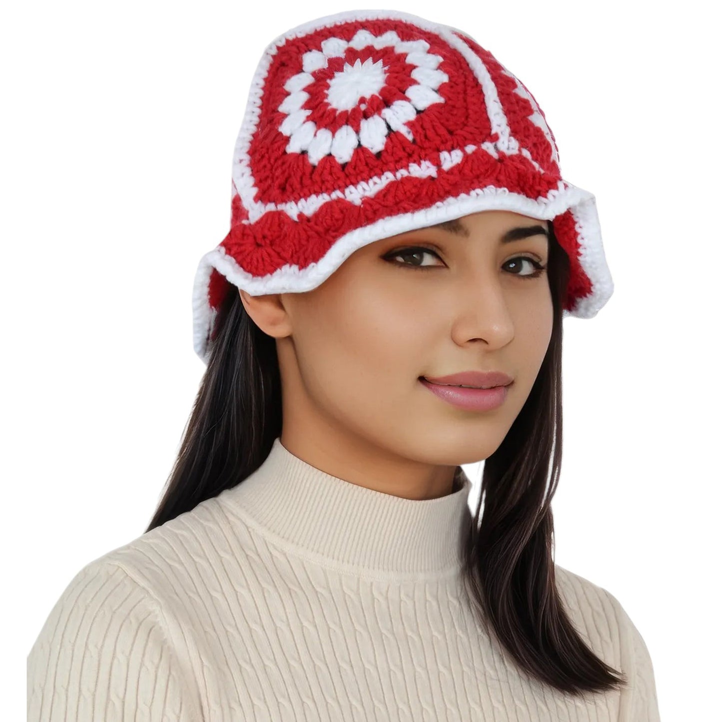 Crochet Bucket Hat Retro Sunburst Pattern Knit Handmade Foldable Floppy Beach Hat