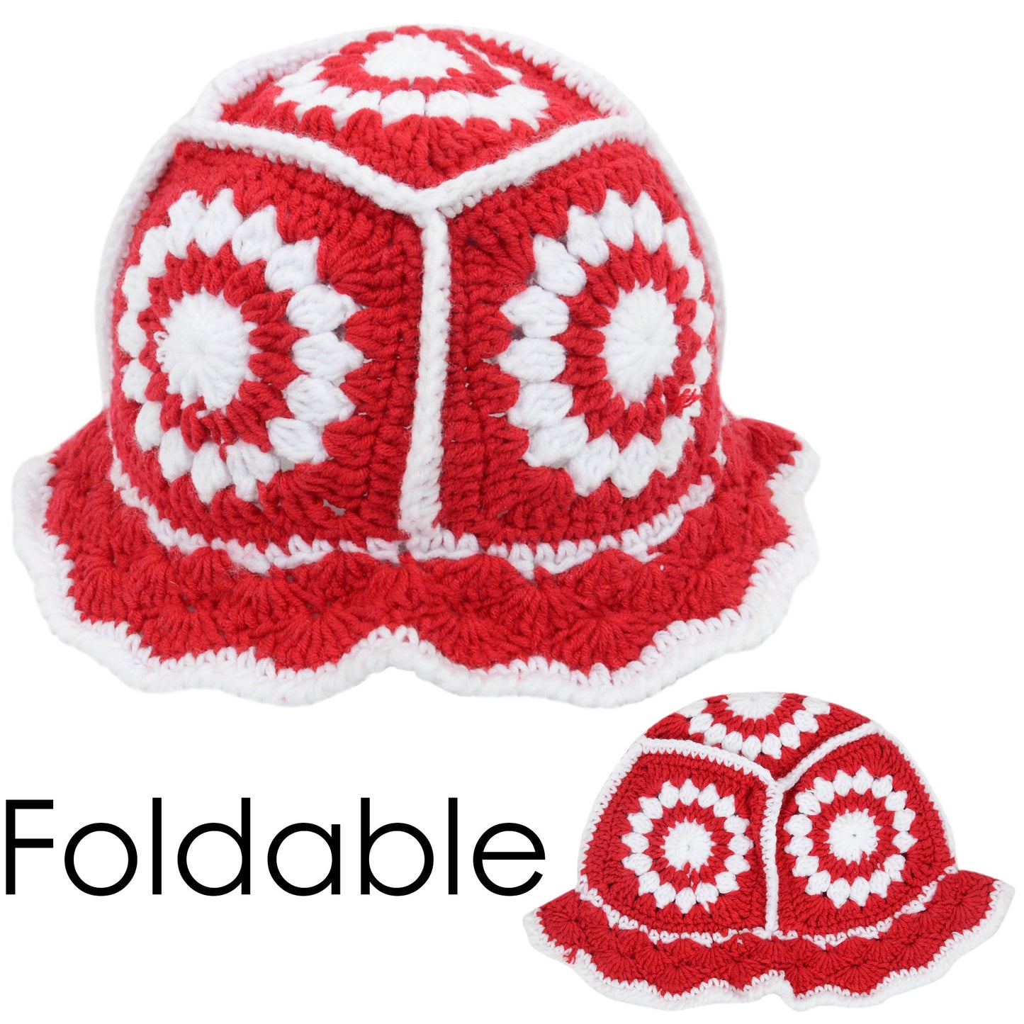 Crochet Bucket Hat Retro Sunburst Pattern Knit Handmade Foldable Floppy Beach Hat
